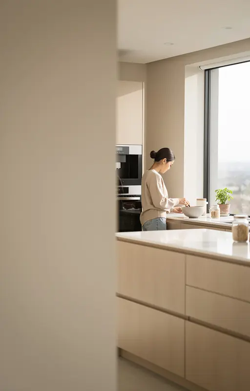 Modern minimalist kitchen interior with soft natural daylight coming through a large window, neutral beige and light wood tones, a person arranging elements on a countertop, clean and functional design, realistic photography, high resolution, vertical composition, space on the left for text overlay
