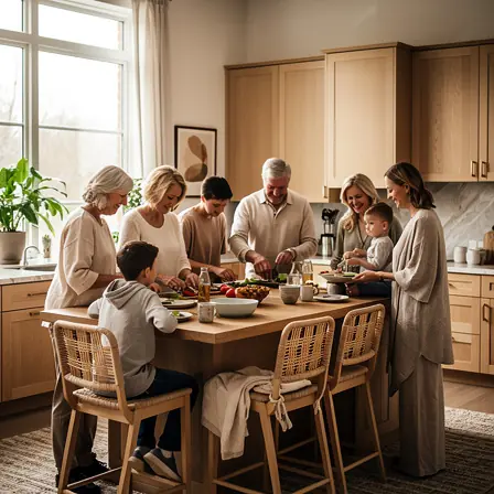 Family gathered around a wooden kitchen island in a warm modern interior, natural materials, soft neutral color palette, welcoming atmosphere, realistic photography, high resolution, vertical format
