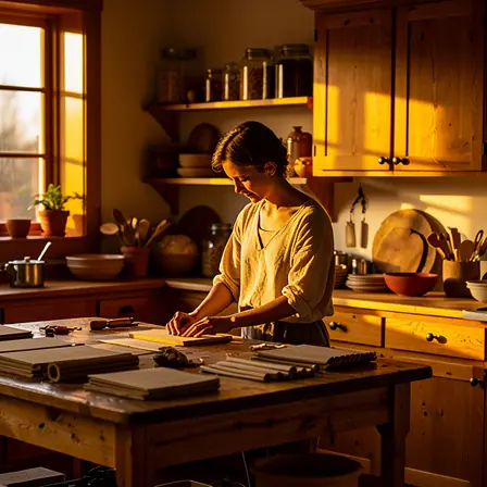 Warm and authentic kitchen workshop with natural wood furniture, soft golden evening light, a person preparing materials on a wooden table, cozy and intimate atmosphere, realistic photography, high resolution, vertical composition
