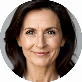 Small circular avatar portrait of a French woman in her early 40s, confident kind smile, soft daylight, clean neutral background, realistic photography, headshot, high detail, centered composition

