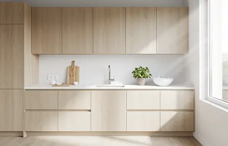 Bright modern kitchen with light wood cabinets, clean white walls, soft natural sunlight entering through a window, minimalist and functional interior design, realistic photography, vertical composition
