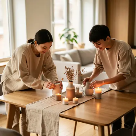 Warm modern home interior scene with a parent and teenager arranging decorative elements on a wooden table, natural daylight, soft neutral tones, cozy atmosphere, realistic photography, high resolution, vertical composition
