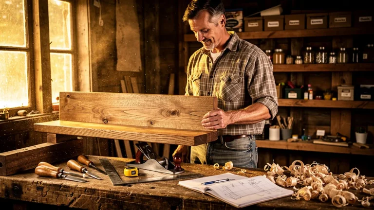 Artisan posant fièrement à côté de sa première étagère en chêne faite main dans un atelier lumineux