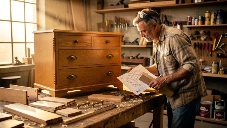 Dresser assembly in workshop illustrating how pre-assembly avoided errors sur la commode