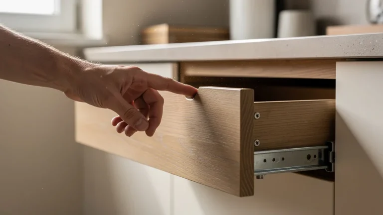 Tiroir sans coulisses cachées avec prise au doigt, design trop simple et peu pratique