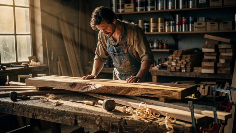 Artisan face à un plan de travail en bois abîmé à cause d'une mauvaise essence, atelier de menuiserie réaliste