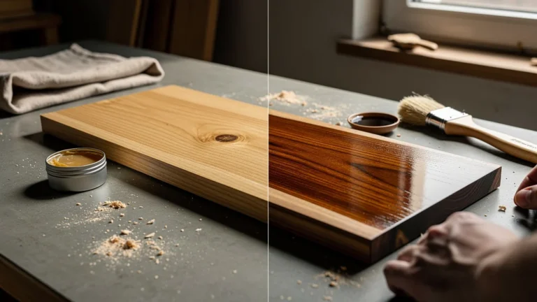 Test comparatif cire naturelle vs huile dure sur un plateau en bois coupé en deux