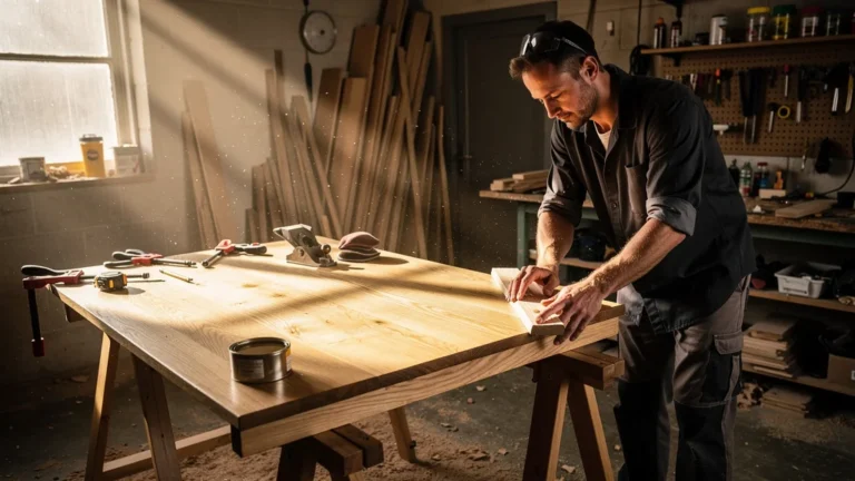 Fabrication d’une première table basse en chêne dans un atelier de menuiserie, scène réaliste et détaillée