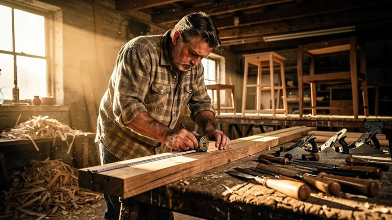 Artisan mesurant un bois dans un atelier, illustrant l'importance de mesurer trois fois sans plan