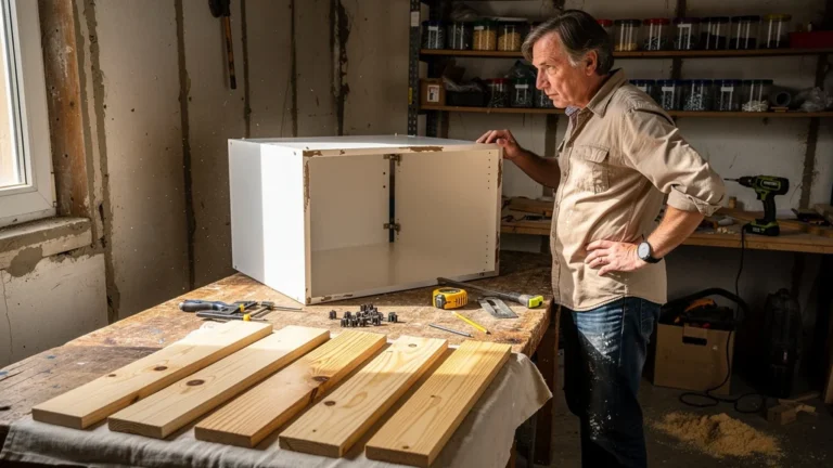 Démontage d’un meuble mélaminé avant pose d’une façade en pin massif, moment de doute en bricolage
