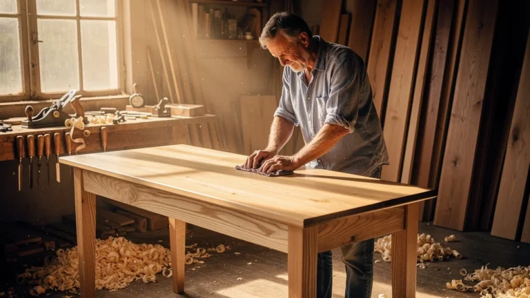 Artisan fabriquant une console en frêne, symbole du travail lent et patient en menuiserie