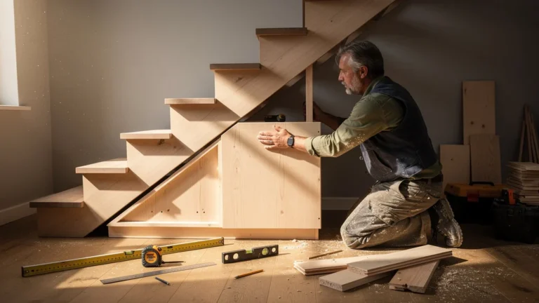 Caisson sous-escalier en peuplier avec mesures ratées au départ, scène de bricolage réaliste
