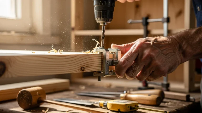 Gabarit de perçage utilisé sur une bibliothèque en pin avec trous proches du bord en bois naturel