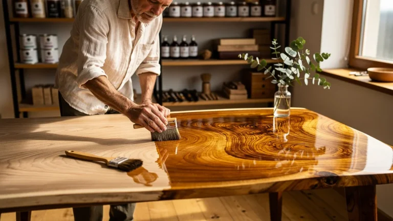 Application d’un saturateur bois sur une table basse en acacia avec variations de préparation
