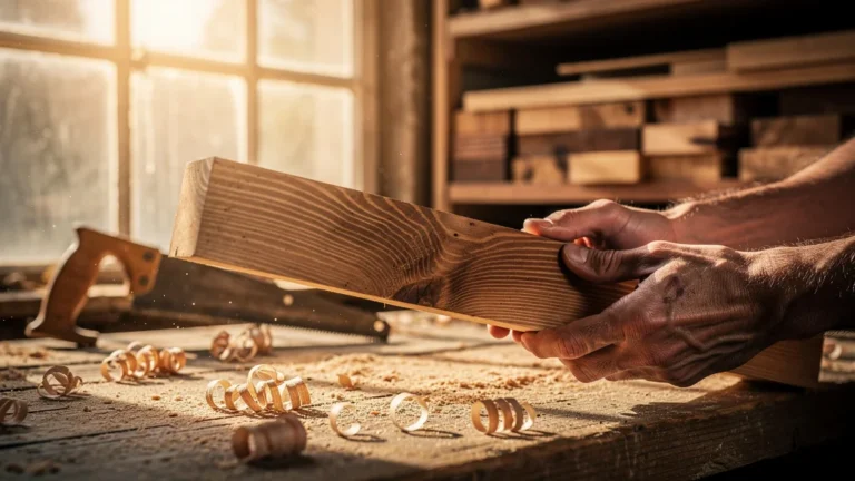 Planche de bois avec fil visible dans un atelier de menuiserie rustique éclairé par une lumière dorée