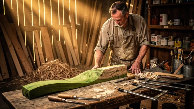 Bois vert déformé en séchant sur un établi dans un atelier de menuiserie rustique, éclairage naturel
