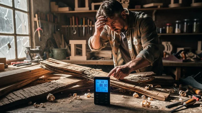 Bois déformé par taux d’humidité élevé dans un atelier de menuiserie avec artisan frustré