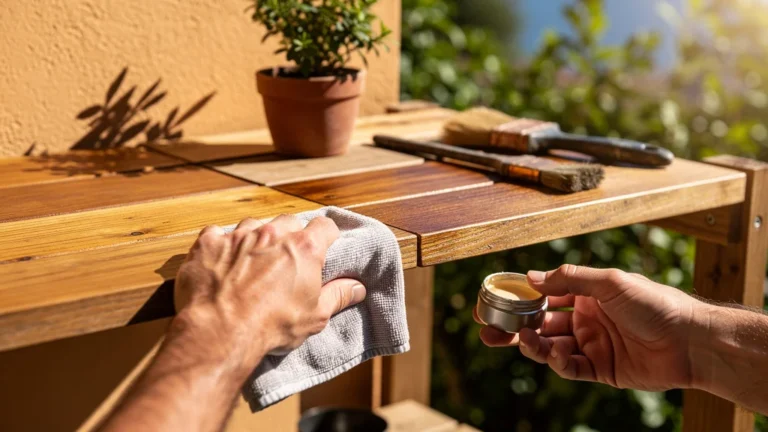 Comparatif lasure teintée ou saturateur sur une étagère plein sud, finition bois en plein soleil