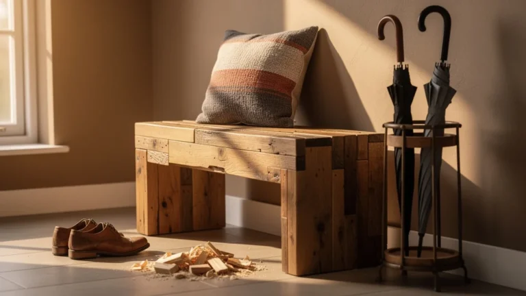Banc d'entrée en chêne fabriqué à la main avec des chutes, ambiance chaleureuse et bois texturé