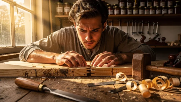 Échec du premier assemblage à queue d'aronde en menuiserie, artisan concentré dans son atelier