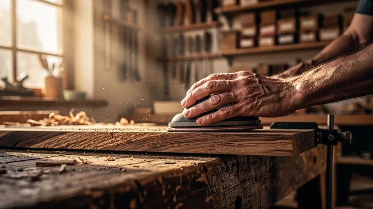 Artisan ponçant du bois montrant l'impact du grain sur la qualité du ponçage, moment clé du travail du bois