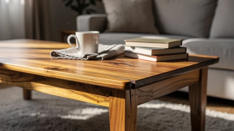 Table basse en bois sans tourillons avec joint ouvert après un an, photo réaliste de menuiserie