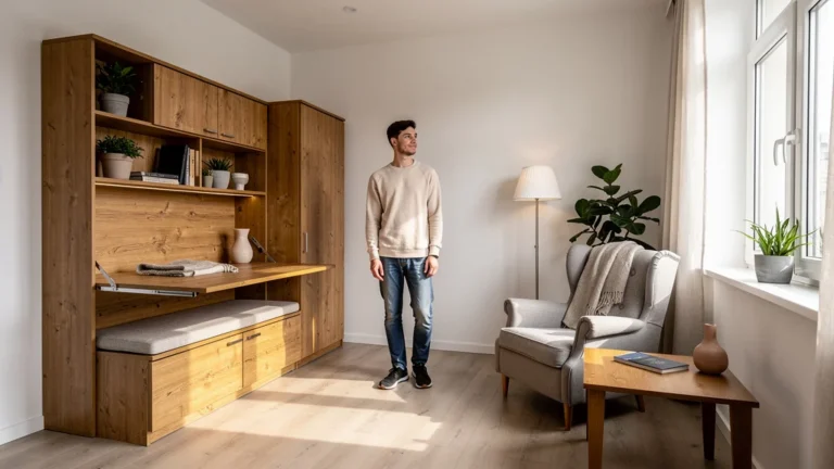 Intérieur 20 m² avec meuble multifonction bois et meuble classique, comparaison déco optimale
