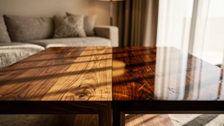 Table basse en noyer avec finitions huile et vernis, comparatif après six mois d'utilisation