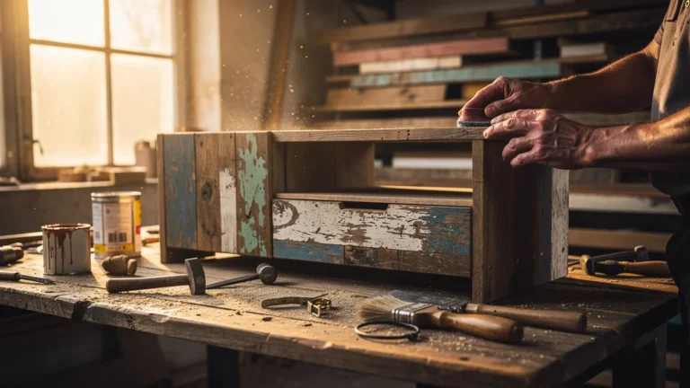 Atelier de travail avec meuble TV en planches de récup, bois usé et ambiance chaleureuse naturelle