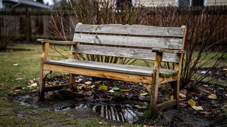 Banc en pin déformé après deux hivers, bois non traité abîmé et banc de jardin incliné