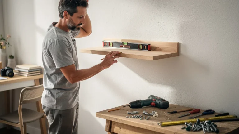 Étagère murale en hêtre montée dans un studio, avec niveau à bulle et outils, pour illustrer l’aplomb.