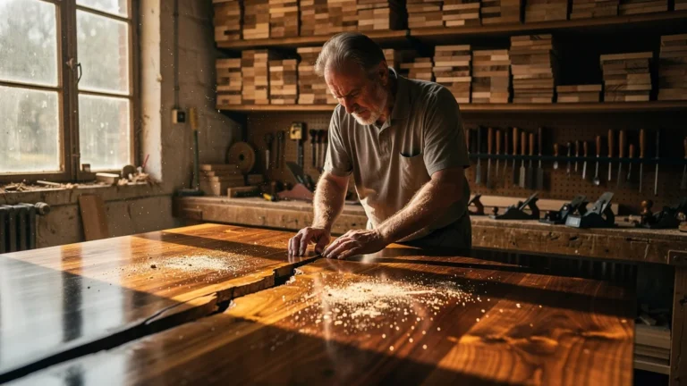 Plateau de table en bois fendu à cause de planches non séchées, atelier de menuiserie réaliste