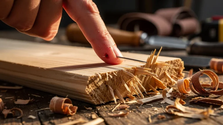 Gros plan hyper-réaliste sur un doigt blessé par une écharde due à une arête de bois non chanfreinée