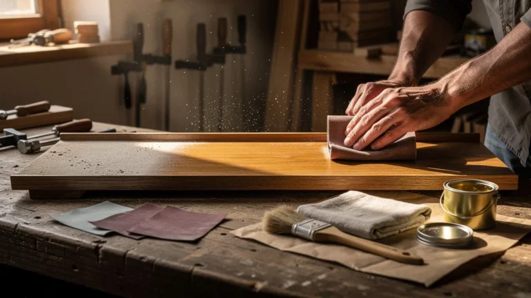 Poncer au 80 ou au 120 avant huile : étagère en bois poncée, protocole de finition