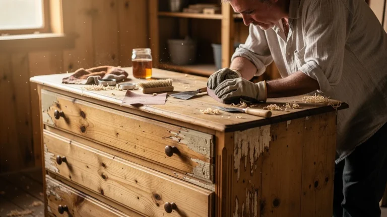 Poncer une vieille commode en pin avant huile dure, avec la couche de 40 ans partiellement grattée