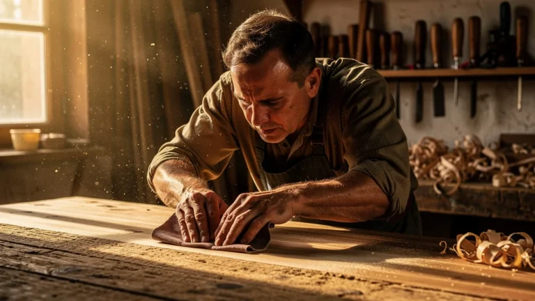 Artisan ponçant un plateau de table à la main, illustrant un travail minutieux et transformateur
