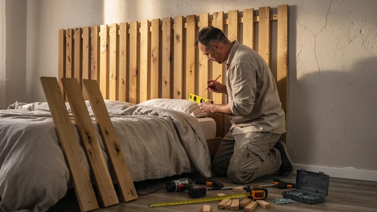 Tête de lit en tasseaux chêne posée sur un mur irrégulier avec cales, en plein week-end bricolage