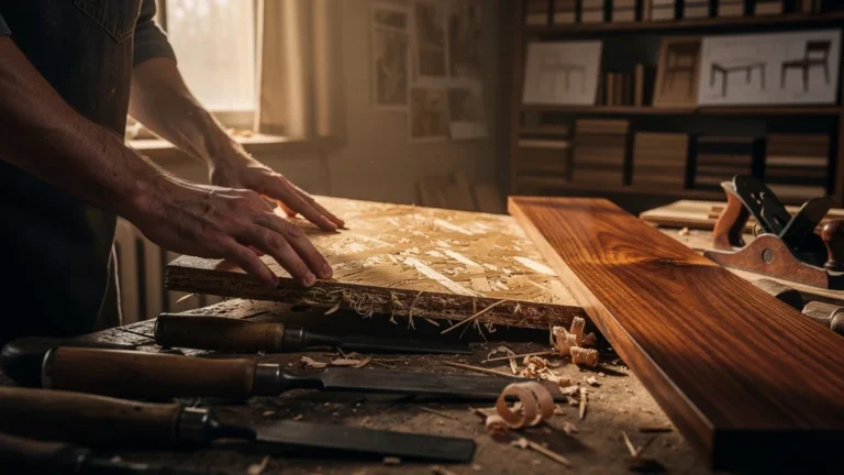 Détail ultra-réaliste montrant les défauts du contreplaqué pour meuble durable en bois massif