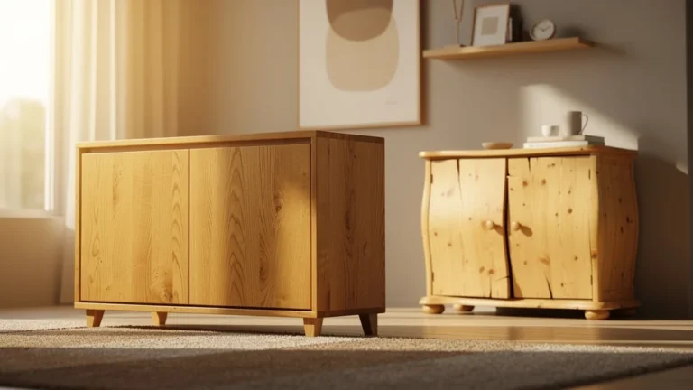 Comparaison entre meuble en hêtre solide et meuble en pin déformé dans un salon moderne