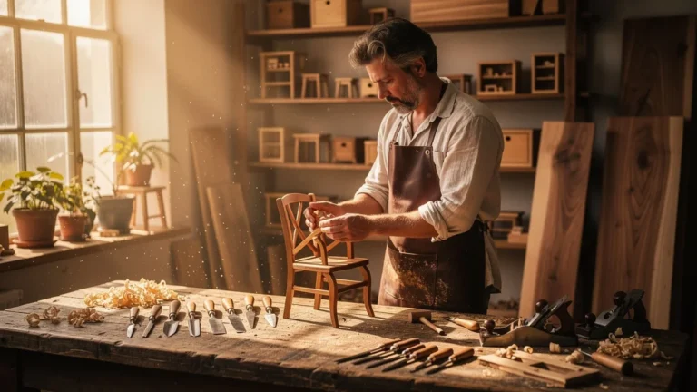 Atelier de menuiserie avec artisan concentré sur petits projets pour progresser en menuiserie