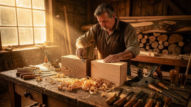 Artisan comparant la facilité du travail du chêne massif face au hêtre dans un atelier de menuiserie