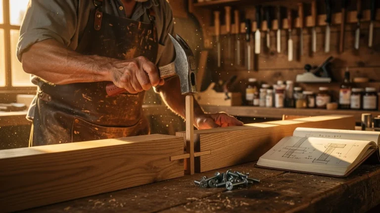 Artisan en pleine réalisation d’un assemblage chevillé solide en bois, démontrant sa supériorité sur les vis