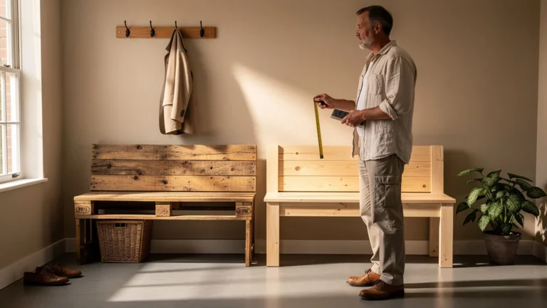 Banc d’entrée en palettes recyclées et en bois neuf, comparatif après deux essais
