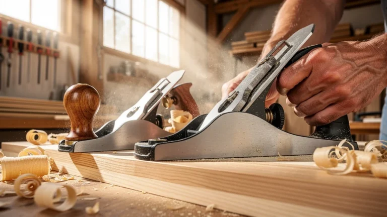 Test comparatif d'un rabot électrique et manuel sur frêne avec copeaux et détails réalistes