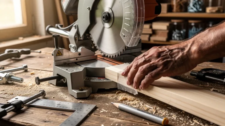 Test d’une scie à onglet sur des tasseaux de sapin protégés par un ruban adhésif pour un cadre mural