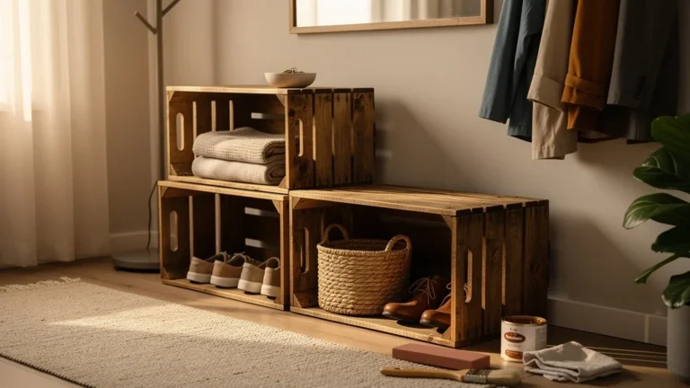 Transformation de deux caisses de pommes en rangement d’entrée DIY, intérieur chaleureux et décoré