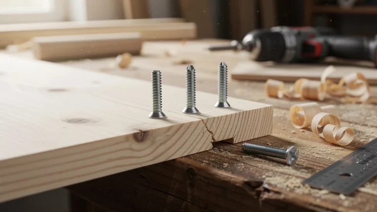 Trois vis à bois testées sur du pin tendre, montrant celle qui ne fait pas éclater la planche