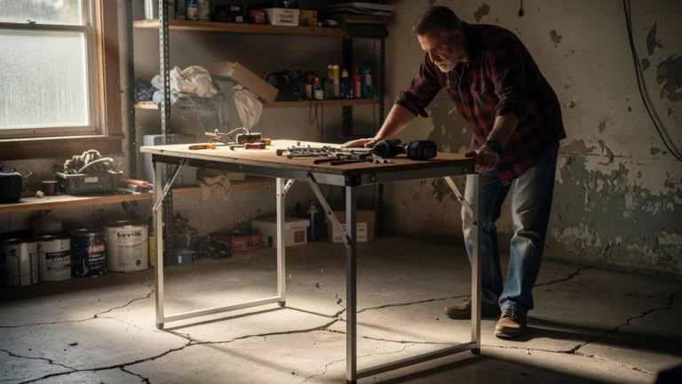 Établi pliant dans un garage inégal, montrant gain de place et instabilité frustrante