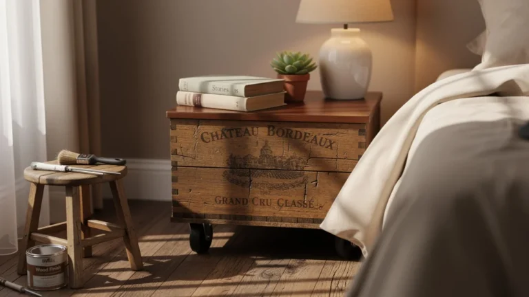 Table de chevet sur roulettes réalisée avec une caisse à vin chinée au style rustique et ambiance chaleureuse