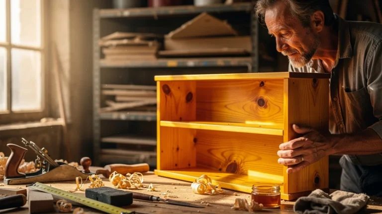 Atelier avec étagères en pin massif contrastant avec étagères en aggloméré usées, ambiance réaliste et chaleureuse
